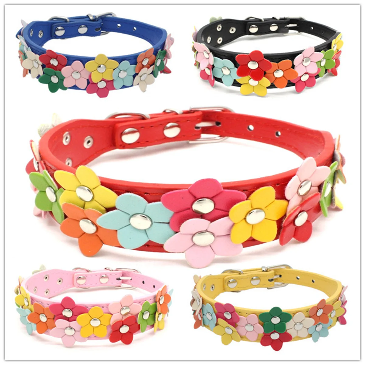 Portable Flowers Pet Dog Collar Leash PU Leather Cat Chain Neck Strap for Small Middle Large Animal Teddy Chihuahua Pug Fashion