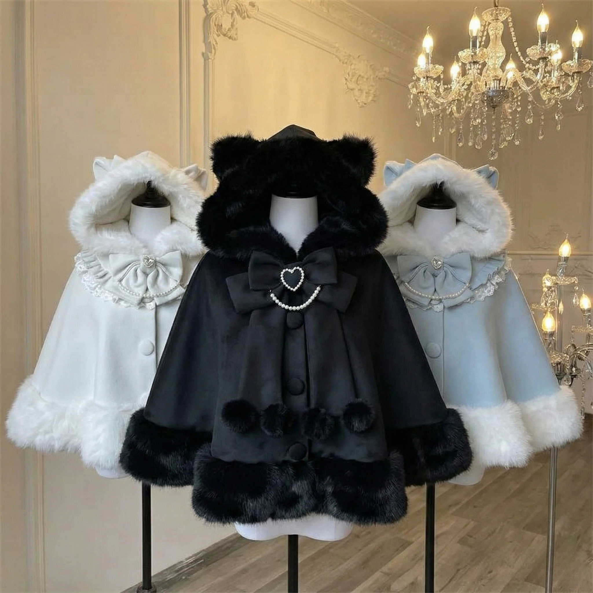 

Women Casual Lolita Bow Button Jackets Warm Sweet Women Clothing Japanese Kawaii Coat Cloak Faux Fur Collar Long Sleeve Tops