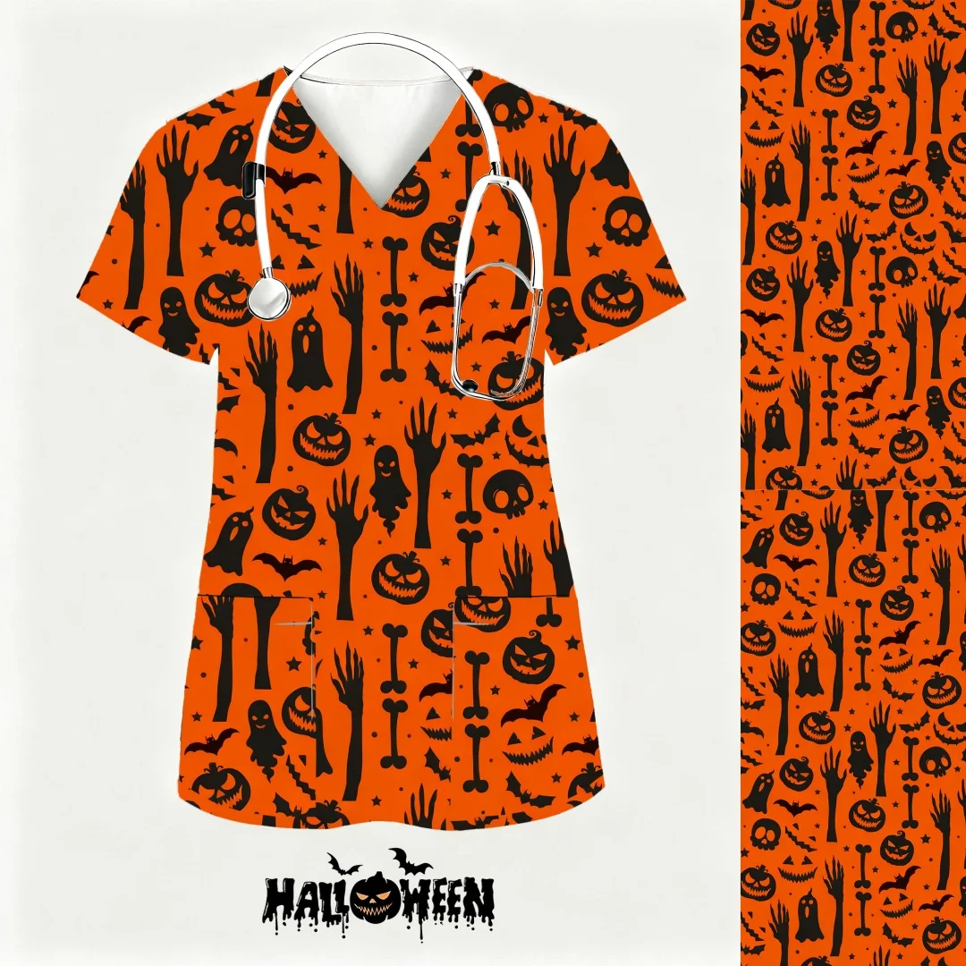 ハロウィン手術用ユニフォーム女性かわいいプリントカボチャ付きナース制服女性看護制服作業服制服メディコス