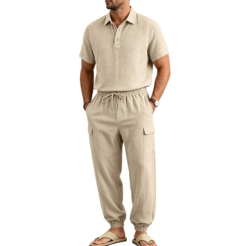 New Men Linen Casual Two Piece Set Short Sleeve Lapel Drawstring Multi Pocket Work Pants Loose Fit Breathable Summer Tracksuit