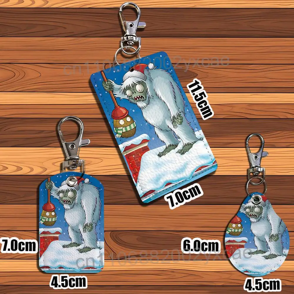 Vegetables and fruits game PVZ Rectangle ID Card Case Keychain Access Card Bag Key Tag Ring Leather Card Holder Key Ring Access