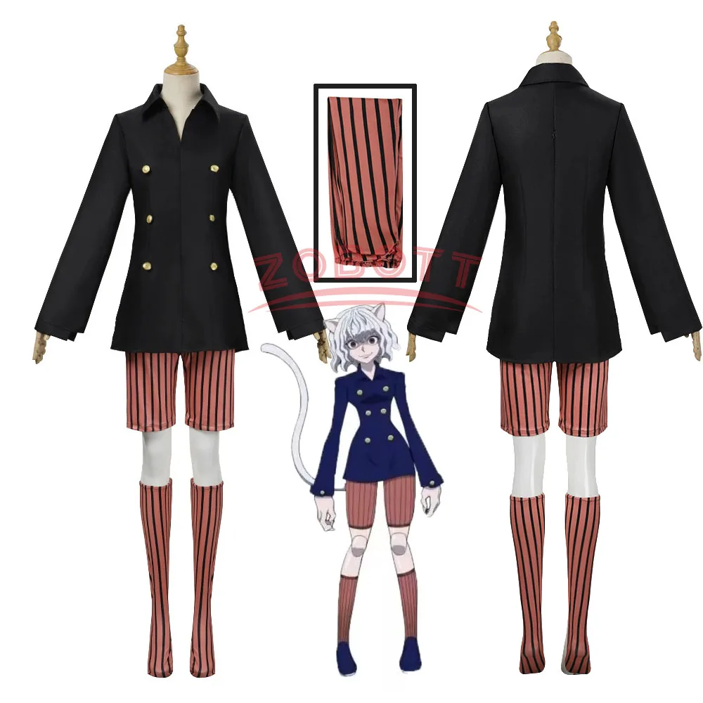アニメ「ハンター×ハンター」のネプヘルピトのコスプレ衣装、猫耳付き、ダークブルーのスクール風制服、ハロウィンパーティー用アクセサリー、靴下