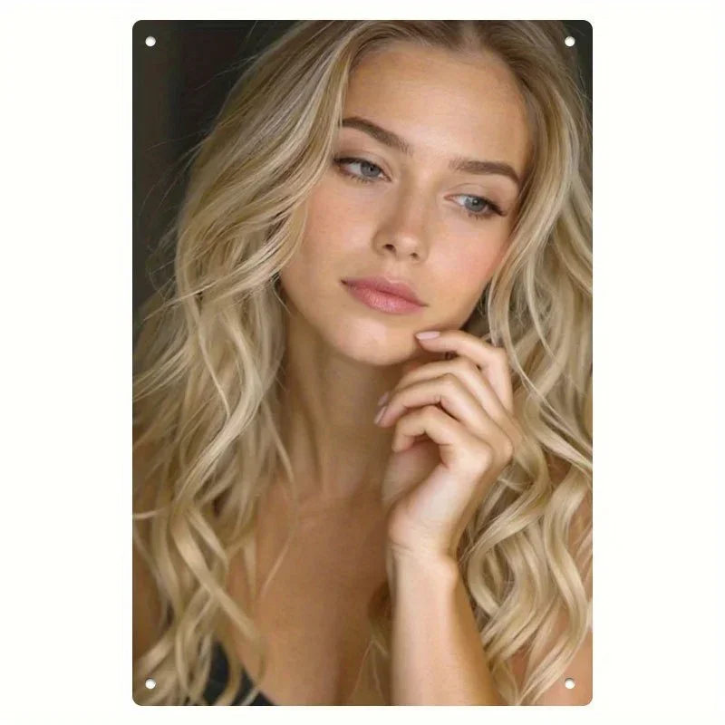 Retro Iron Wall Art, Gold Blonde Woman 2D Poster 8x12 Inch Fluffy Hair Vintage Painting for Living Room Bedroom Decor