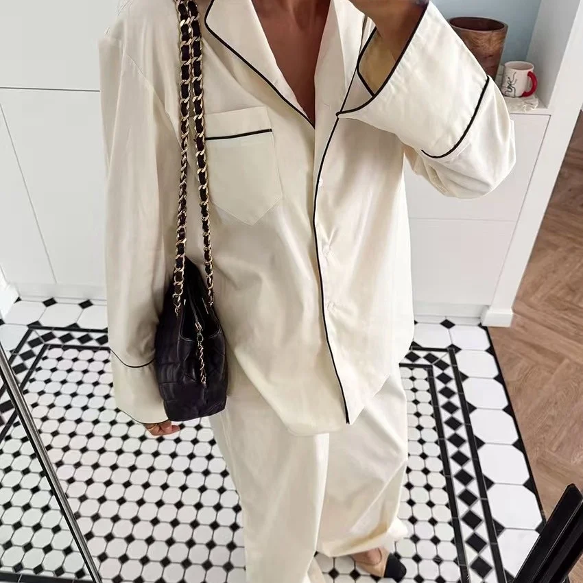 Loose Long Sleeve Color Block Home Clothes Top And Pants Set Comfortable Breathable Sleepwear for Spring Autumn Seasons