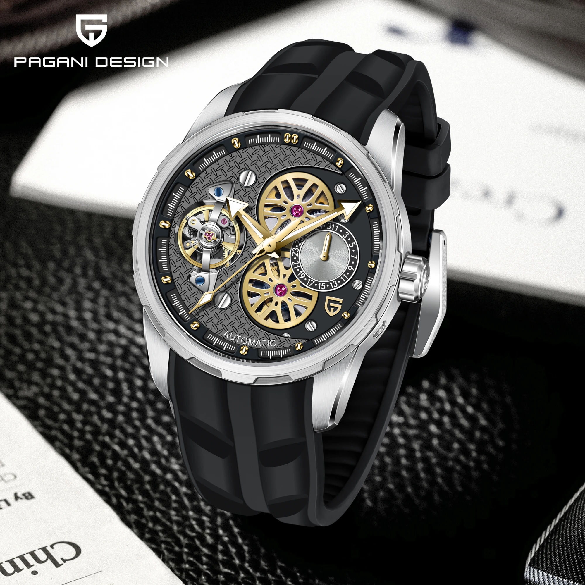 

PAGANI DESIGN 2025 New Tourbillon Skeleton Automatic Watch For Men Fluorine rubber Strap Sapphire crystal Mechanical Wrist watch