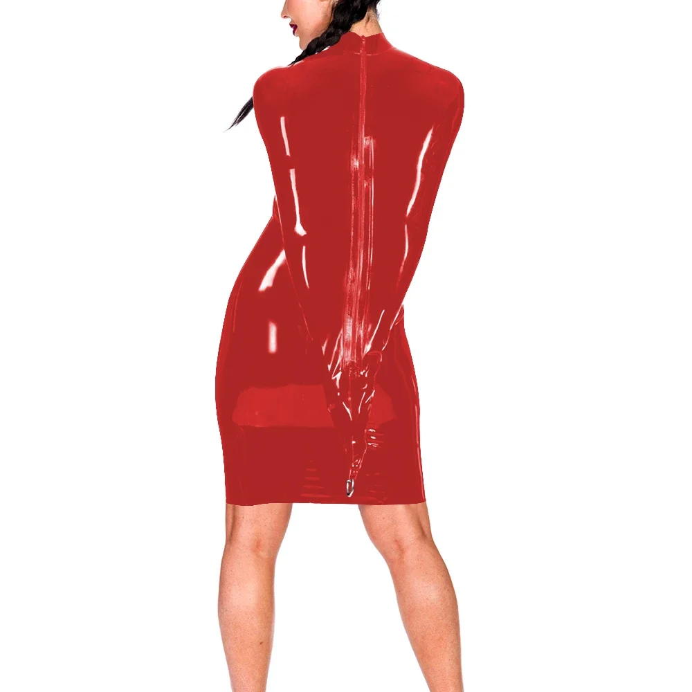 Novelty Wetlook Restraint Dress with Back Zipper Sexy Turtleneck Full-Length Sleeve Sheath Mini Dress Shiny PVC Mistress Costume