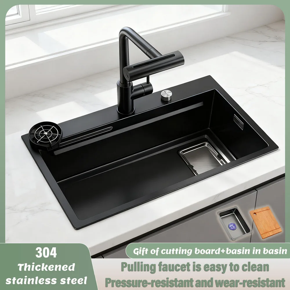 

Waterfall pull-out tap Dual-track design Single Double slag collection sink high-quality thickened stainless steel kitchen sink