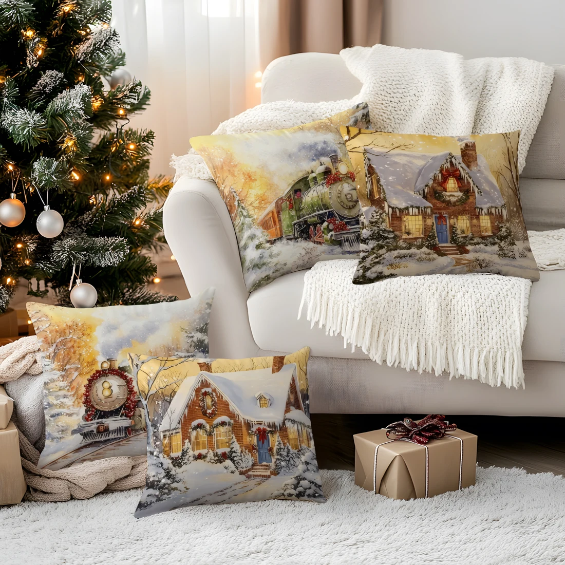 

Рождественские поезда, домики, наволочка из полиэстера с принтом, 40/45/50 см, наволочка, декор, диванная подушка, наволочка, домашний декор
