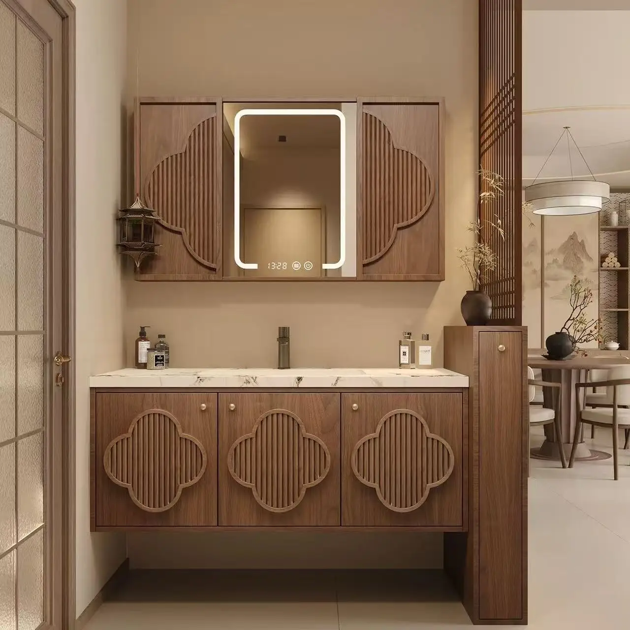Bathroom Cabinet Vanity With Mirror & Basin PVC Luxury Double Sink Set, Washable Small Bathroom Storage For Home/Project Use