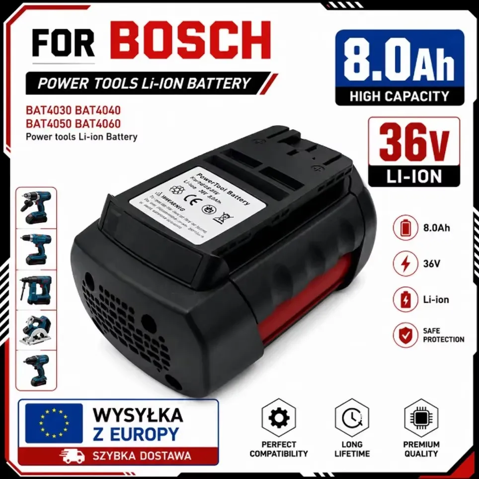 Caricabatterie Bosch 36V BAT810 BAT840, batteria ricaricabile agli ioni di litio ad alta capacità 8.0Ah, batteria di ricambio per utensili D-70771 BAT836 BAT818 2607336003