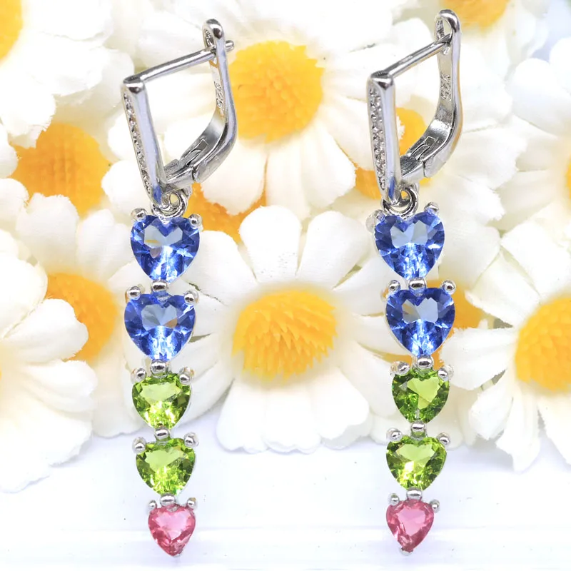 45x7mm Multi Color Violet Tanzanite Swiss Blue Topaz Pink Kunzite CZ Women Silver Earrings