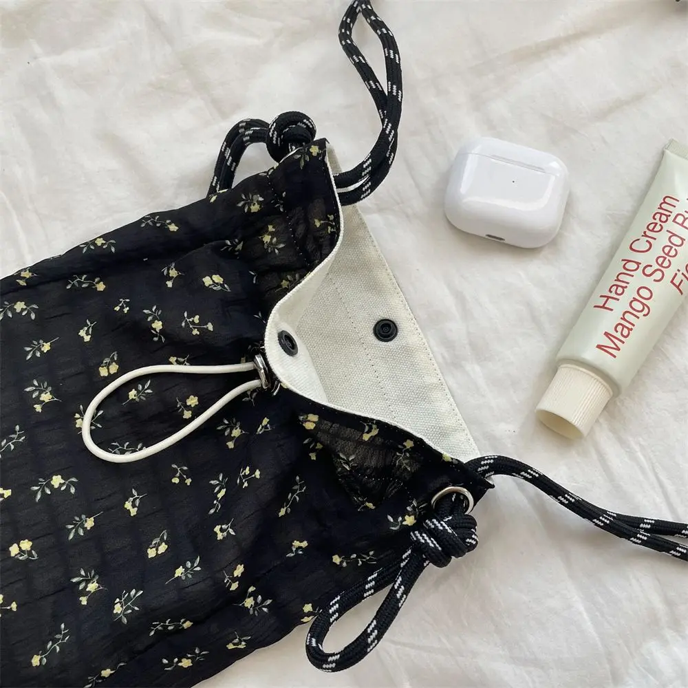 Minimalist Style Drawstring Canvas Crossbody Bag Lightweight Small Coin Purse Floral Print Shoulder Bag Women Girl