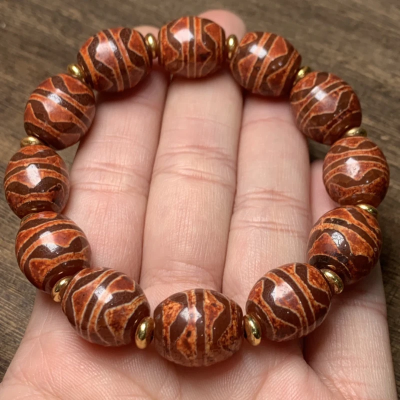 Boutique Dragon Scale Gracked Glaze Old Agate Tiger Tooth bracciale con perline tibetane bracciale con sfera in pelle fantasia con stampa leopardata