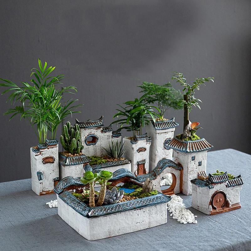 Chiński antyczny dom Retro budynek ceramiczna doniczka dekoracja ogród figurki Bonsai miniatury ozdoby do domu uwalnia statek