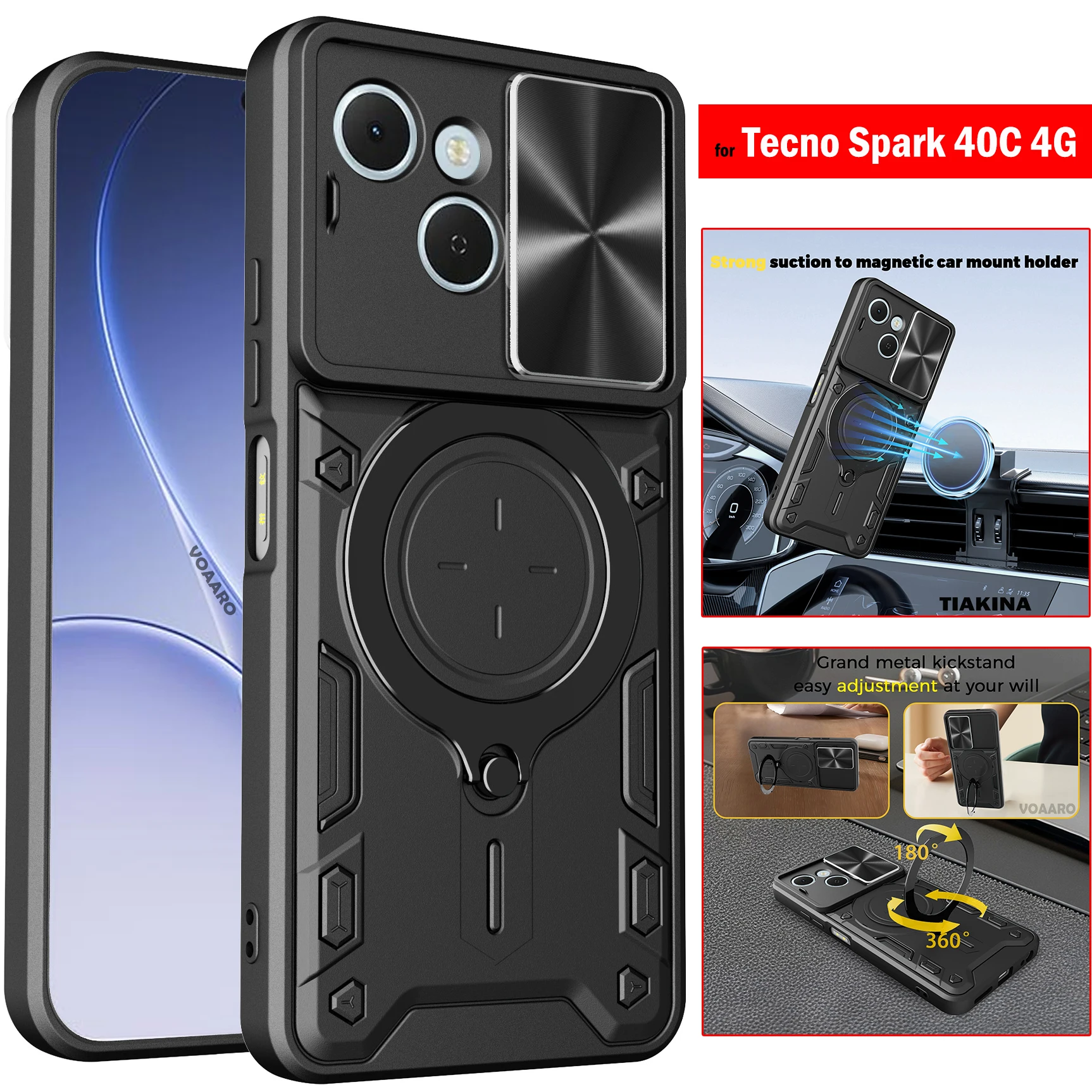 

Slide Lens Camera Protection Armor Funda for Tecno Spark 40C 4G Case for Tecno Spark 40C Case Rotate Magnetic Ring Stand Cover