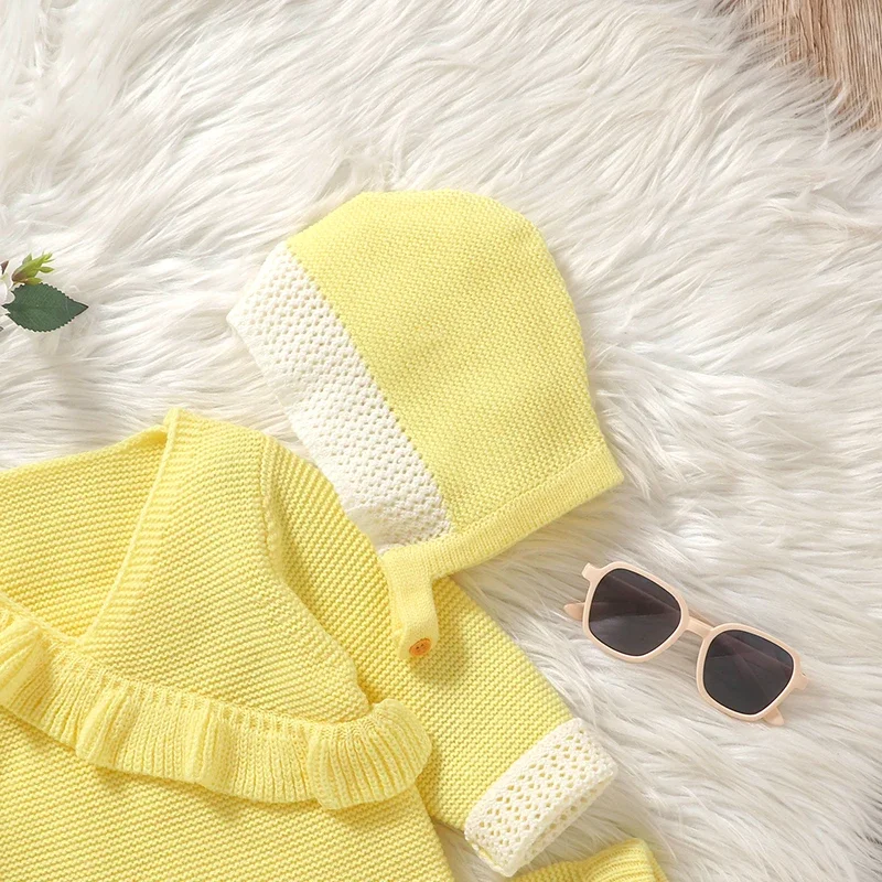 Autumn Baby Clothes Set Knit Newborn Girl Sweater Long Sleeve +Pants +Hat 3pc Warm Kid Pullover +Trousers +Bonnet Fashion Ruffle