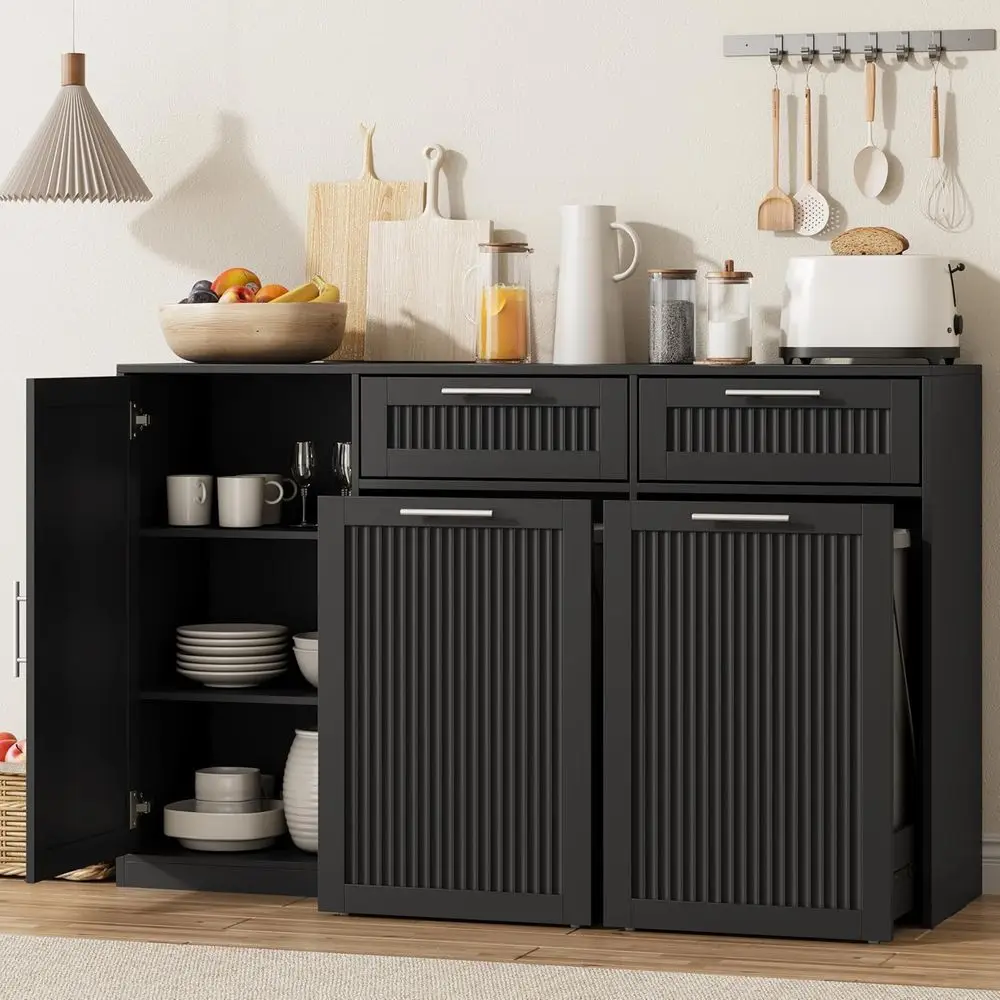 

Двойной выдвижной шкаф для мусорных баков с отсеком для хранения, регулируемой полкой, подходит для кухни, прачечной или гостиной, черный