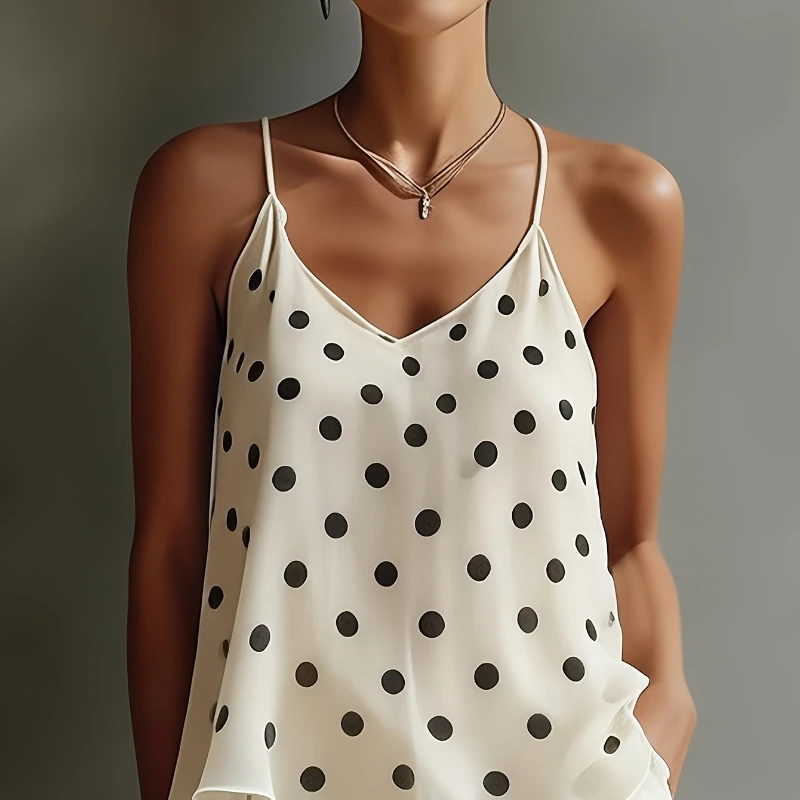 New Women's Vacation Storm West Asia Chiffon Polka Point Sleeveless V-neck Strap Top Polka Point Wide Leg Pants Two Piece Set