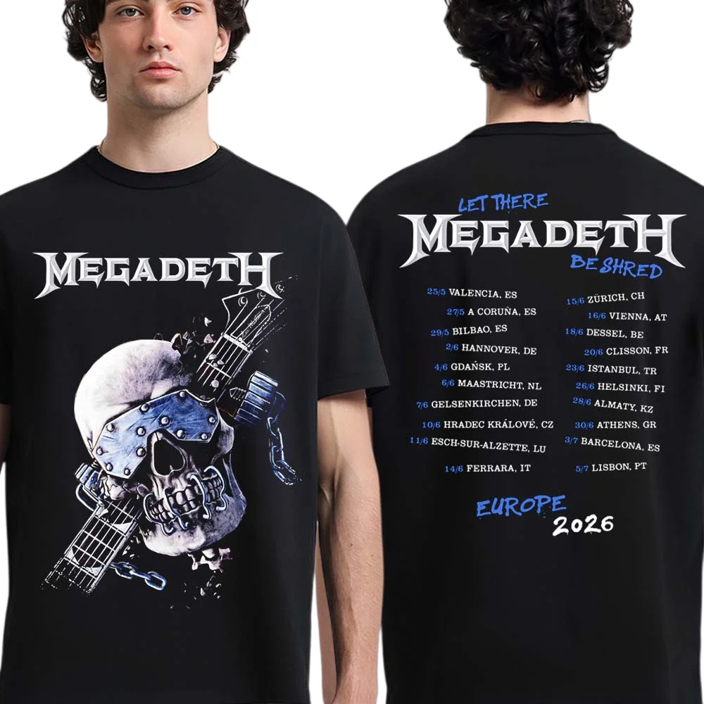Camiseta gráfica Megadeth Europe 2026 Tour, camisetas de algodón de verano para hombre y mujer, camisetas informales para fanáticos de Y2k, ropa de calle