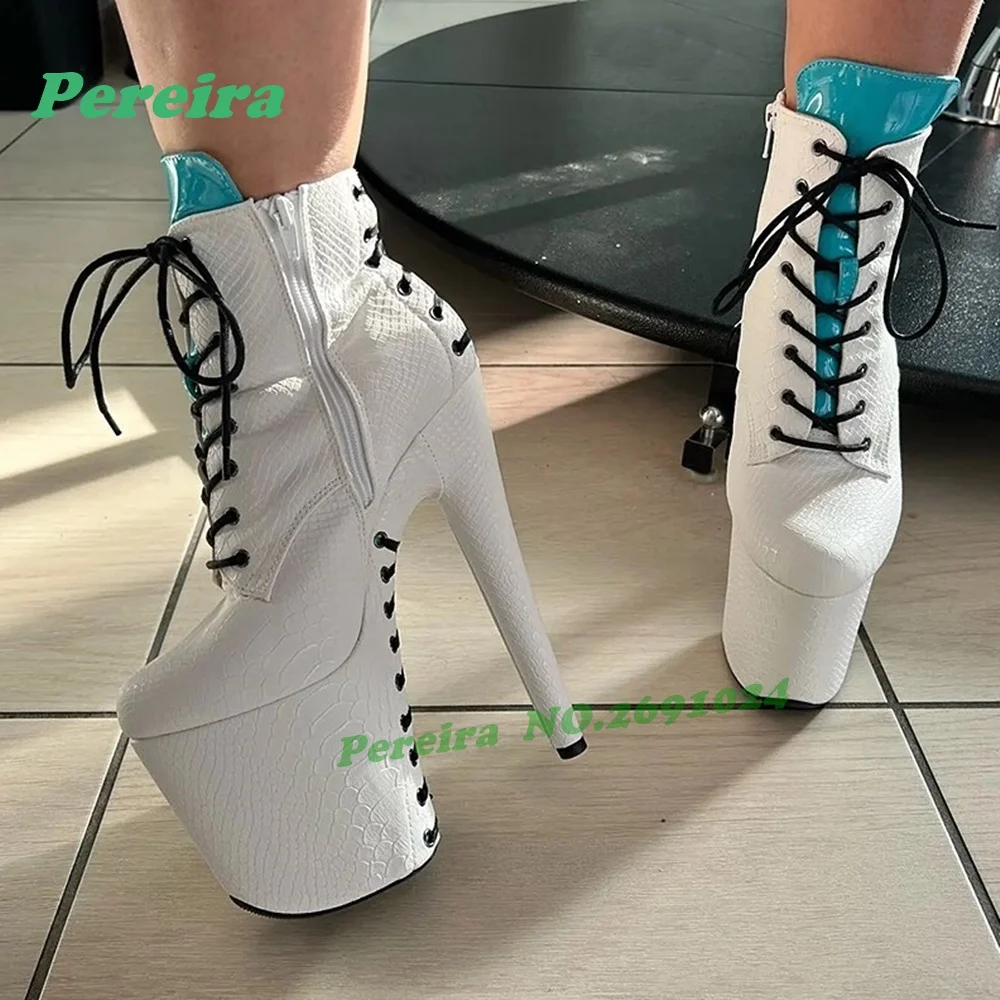 

White Crocodile Texture Platform Ankle Boots Turquoise Accent Lace-Up Stiletto Heels for Pole Dance Nightclub Gothic Punk Boots