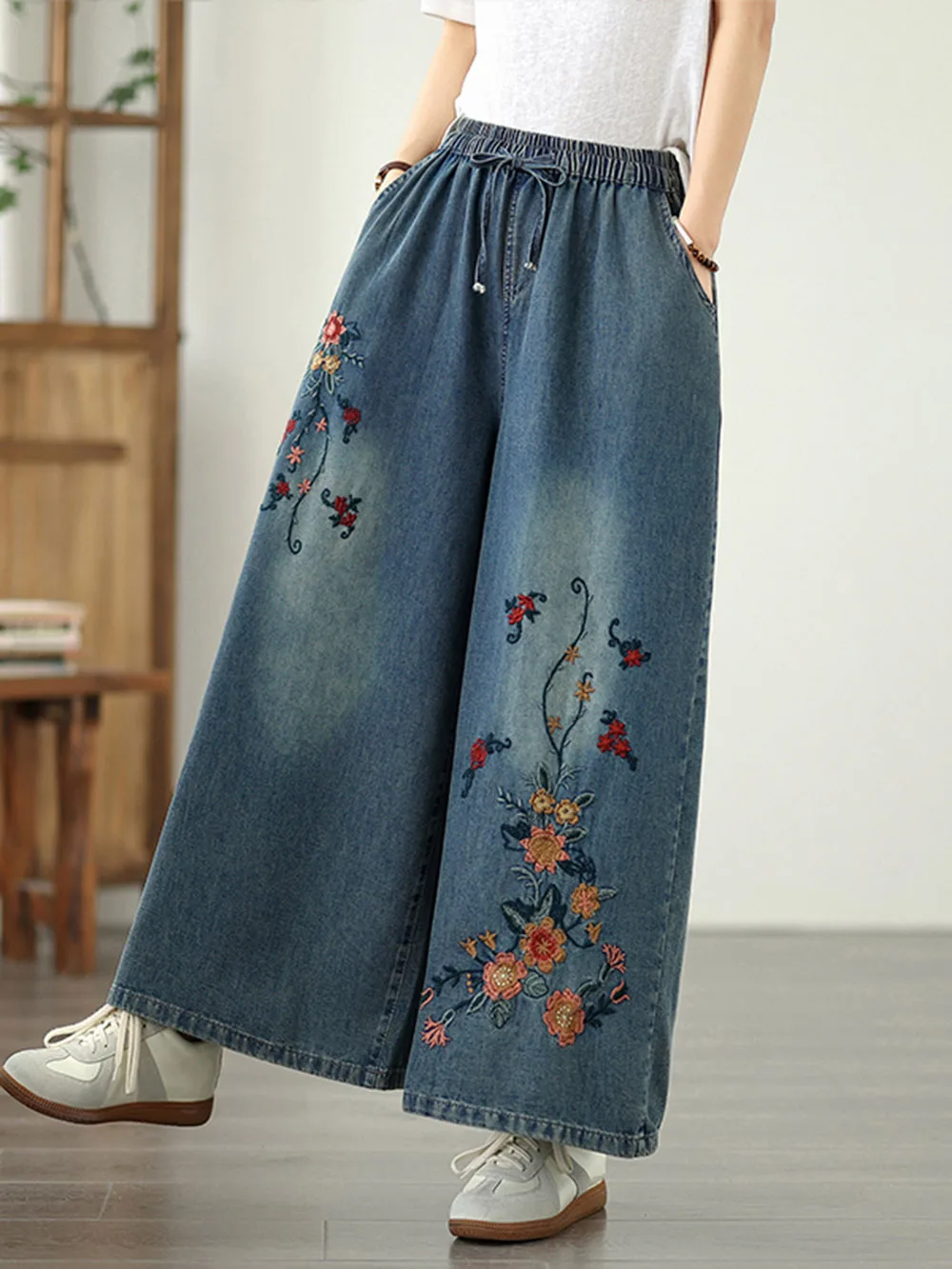 

Vintage Embroidered Jeans Spring/Summer Thin Soft Elastic Waist Wide Leg Pants Women Loose Versatile Ankle-Lengh Denim Pants