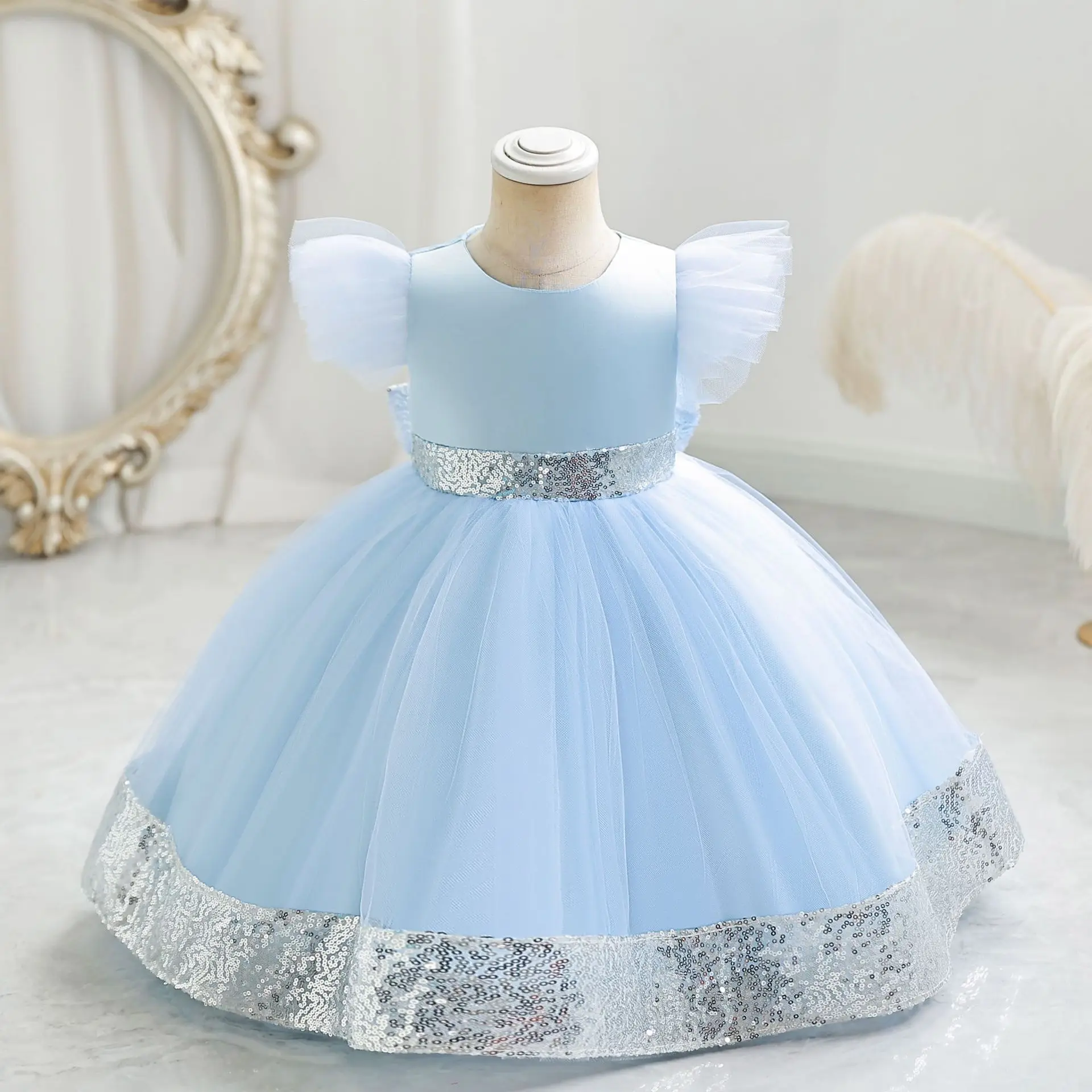 Red Christmas Girl Dresses Puffy Princess Birthday Casual Clothes for Baby Girl Sequins Bow Hem Infant Dress Gown 0-4 Years