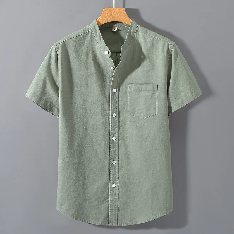 

Мужская летняя тонкая рубашка из японского хлопка и льна свободного кроя с воротником-стойкой, дышащая