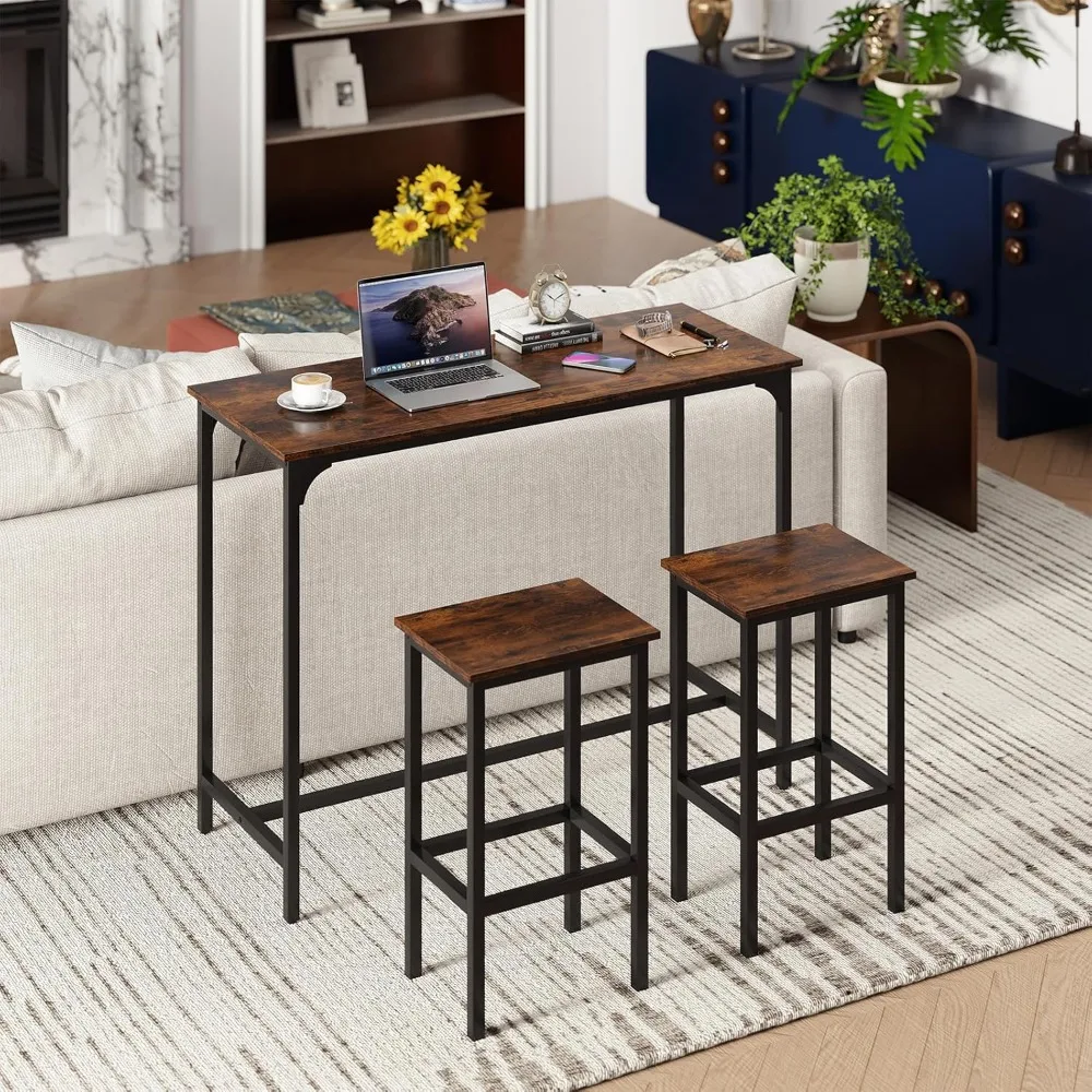 Set Meja Pub Tinggi Bentuk Persegi Panjang dengan 2 Bangku, Rangka Logam, untuk Ruang Sempit