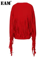 [EAM] Loose Fit Back Tassels Irregular Sweatshirt New Round Neck Long Sleeve Women Big Size Fashion Spring Autumn 2024 1DF3041