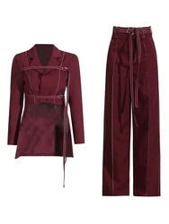 Modphy 2024 New Asymmetric Lower Hem Blazer + High Waisted Lace Up Pants 2-Piece Set For Women'S Fashion Chic Trendy Outfit