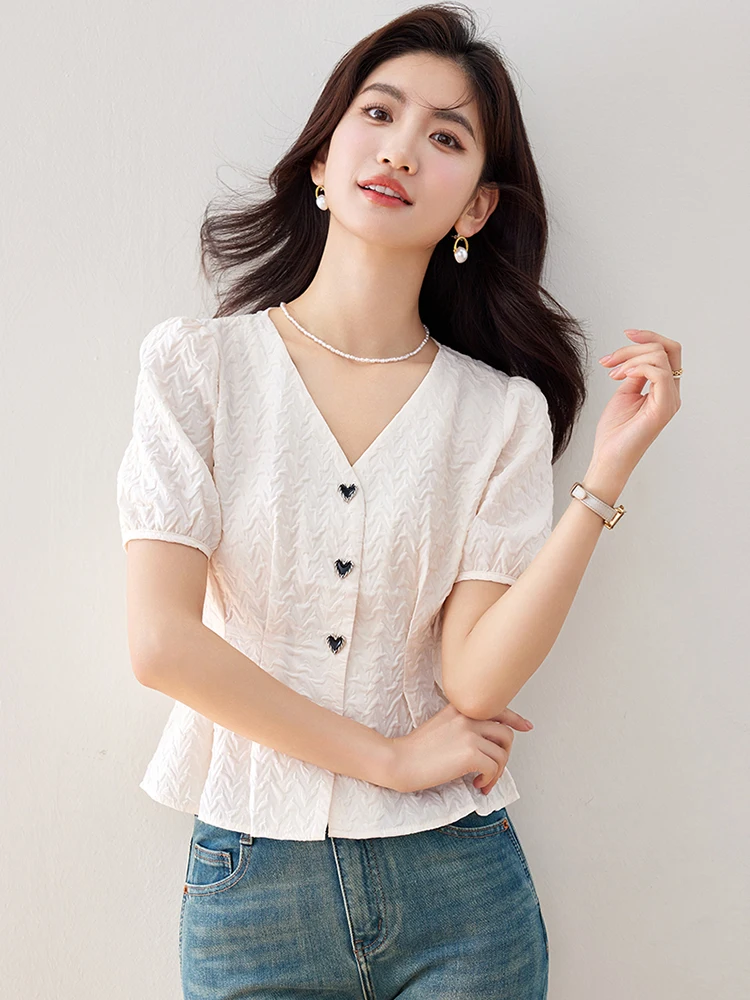 2024 New Summer V-Neck Short Sleeve Blouse Women Chic Design Shirt Fashion Slim Fit Tops