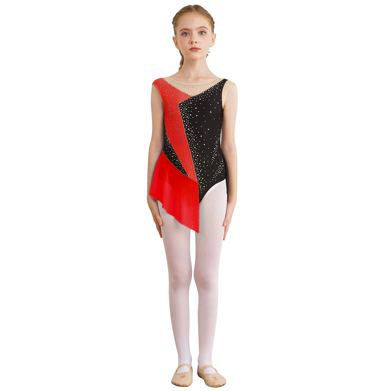 Kids Girls Figure Ice Skating Dress Shiny Rhinestone Sheer Mesh Sleeveless Bodysuit for Ballet Lyrical Dance Gymnastics Workout