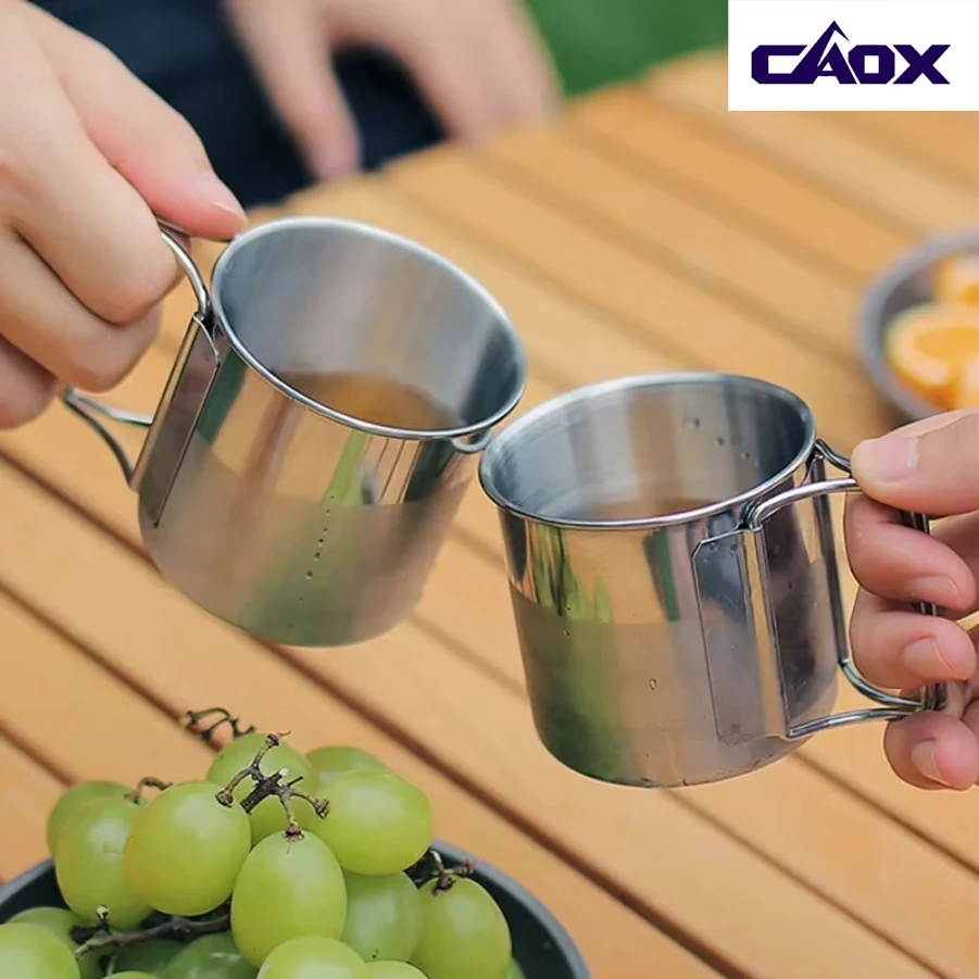 

Stainless Steel Camping Cup 250/350/500ml Portable Carabiner Cups Outdoor Water Cup Mug With Foldable Handle Kitchen Drinkware