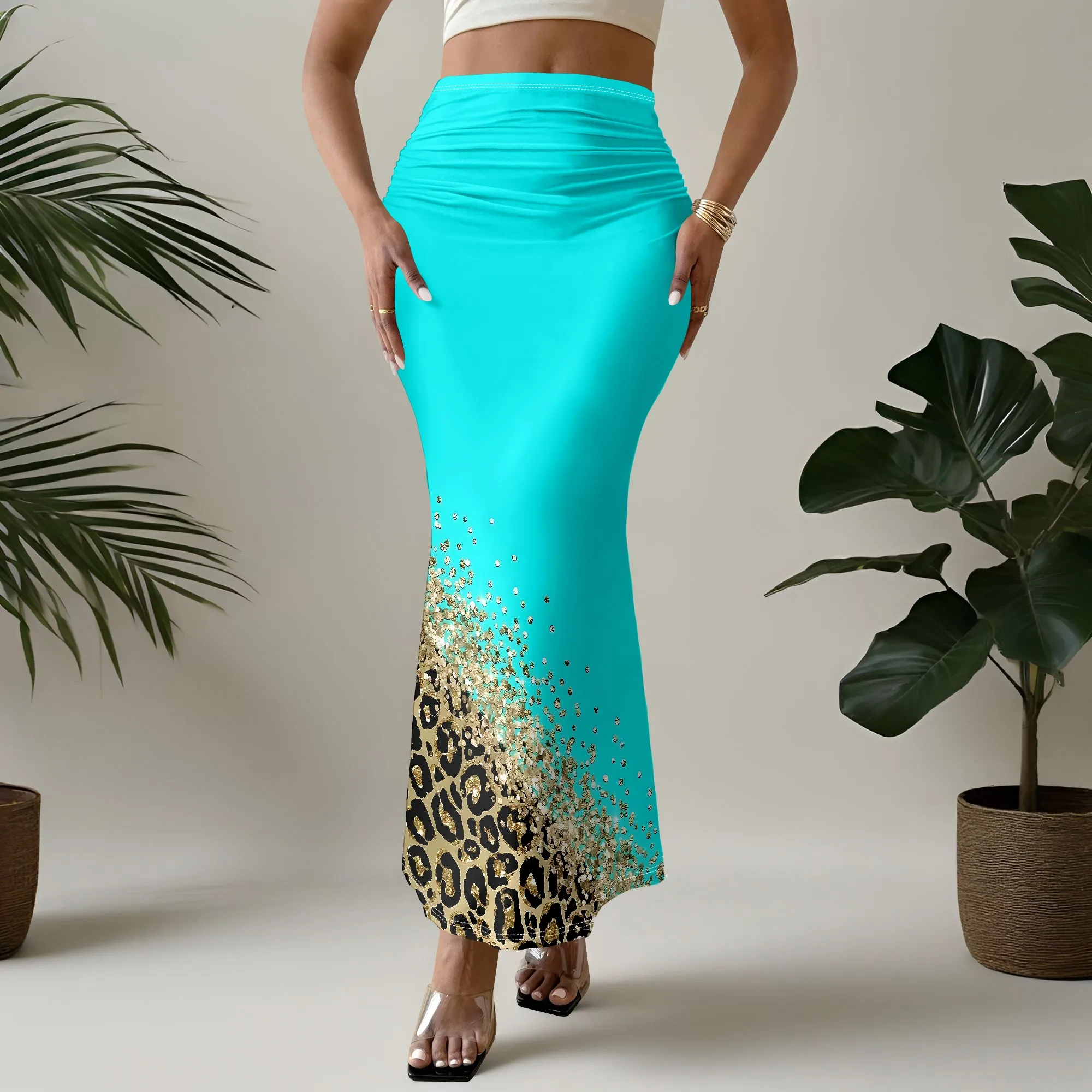 High Waist Mermaid Skirt, Gradient Leopard Print Maxi Skirt, Ruched Bodycon Skirt for Party Club Night Out, S-2XL