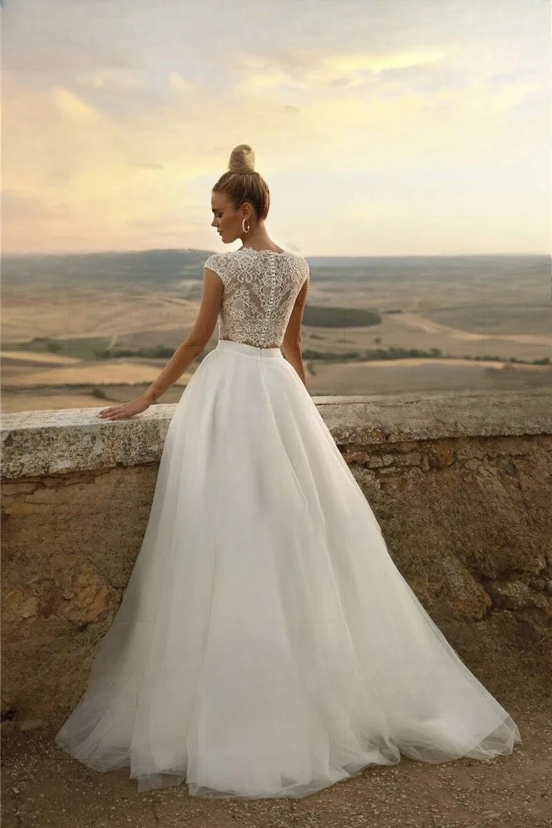 Vintage Lace Wedding Dresses A Line Cap Sleeve 2 Pieces Bridal Gowns Top Lace Country Wedding Dress Robe De Mariée
