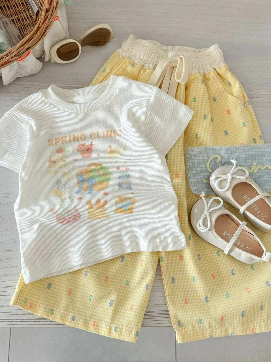 

Модный комплект из футболки с принтом и широких брюк для девочек, летняя одежда, детский корейский стиль, мультяшный...