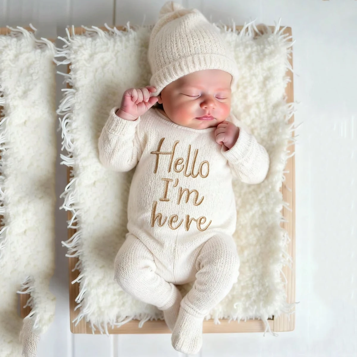 Ylsteed 2Pcs Newborn Photography Knitted Onesie With Hello Knit Embroidery Baby Outfit Suit Perfect For Newborn Photo Shoots-HD