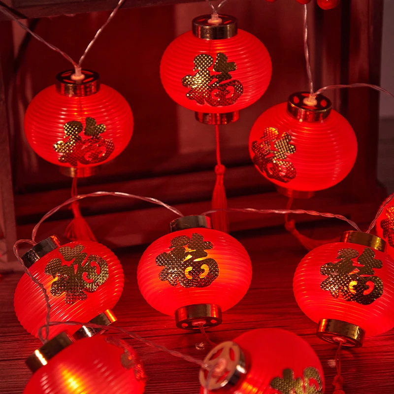 1.5M 10Light New Year Red Chinese Lantern With LED Lights Good Luck Mini Lantern Decorative Hanging Chinese New Year Decoration