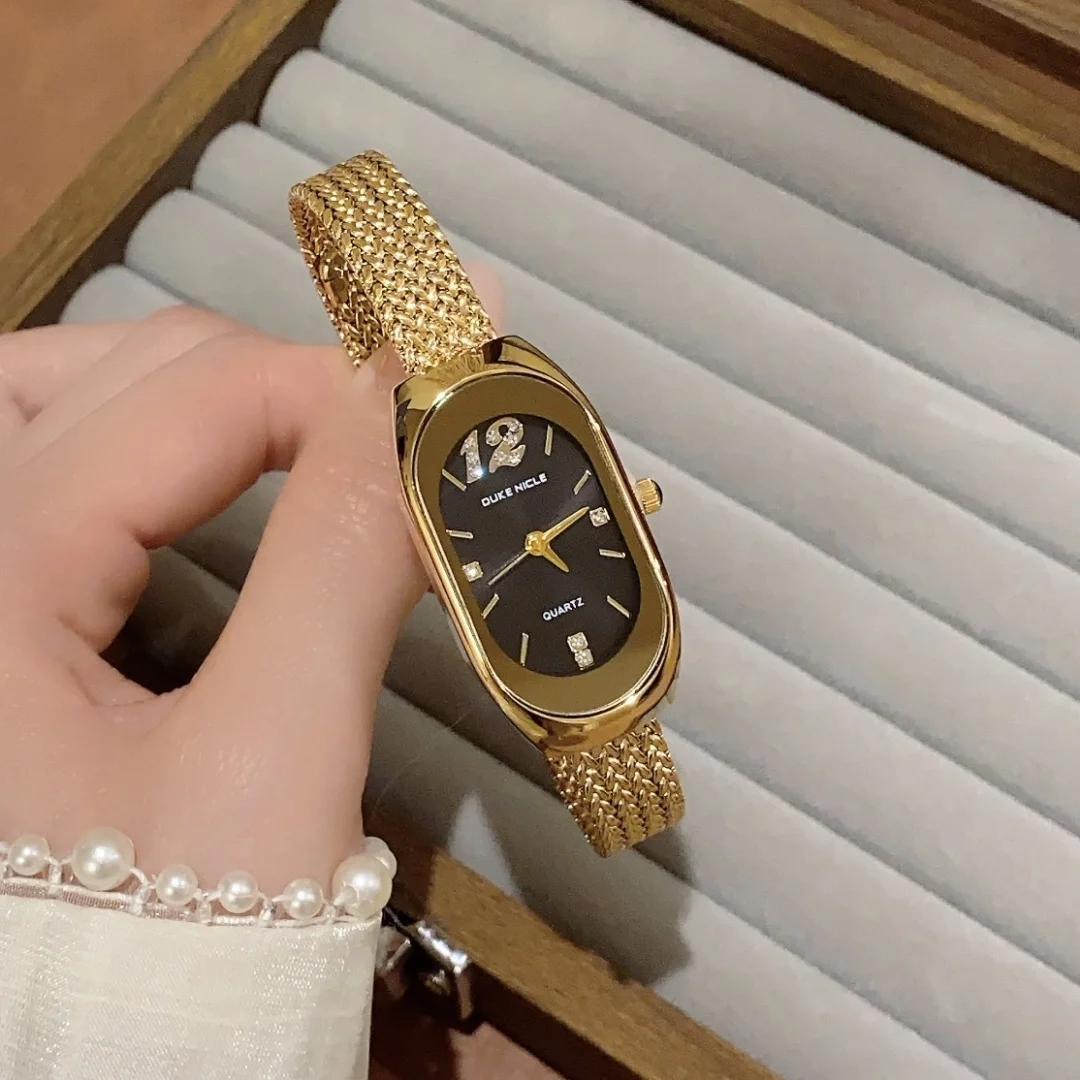 ساعة كوارتز بسيطة للنساء بحزام من الفولاذ المقاوم للصدأ بمينا بيضاوي وساعة يد للطالبات وساعات يد ذهبية للسيدات Relogio