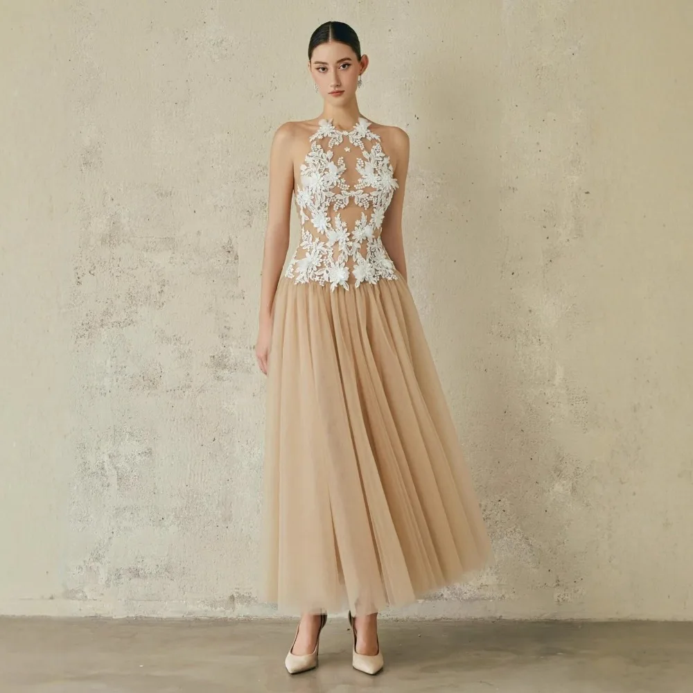 

Champagne Tulle Maxi Evening Dress Solid Spliced Sheer Mesh Round Neck Sleeveless Backless Lace Applique Formal Party Gown