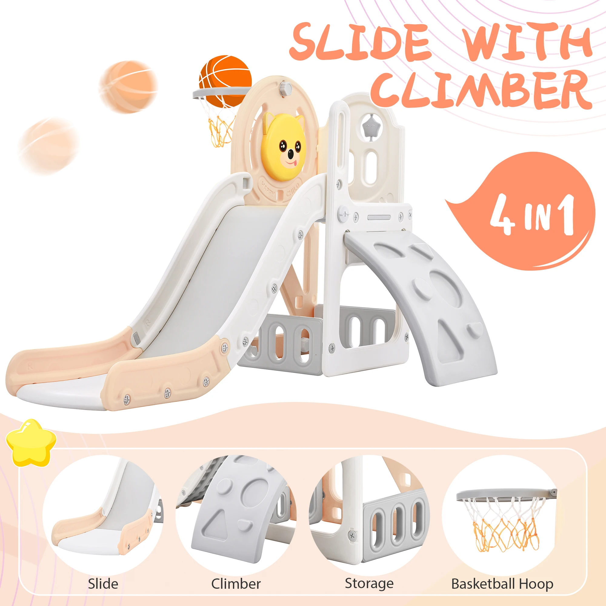 Toddler Climber and Slide Set 4 in 1, Kids Playground Climber Freestanding Slide Playset with Basketball Hoop Play Combination f