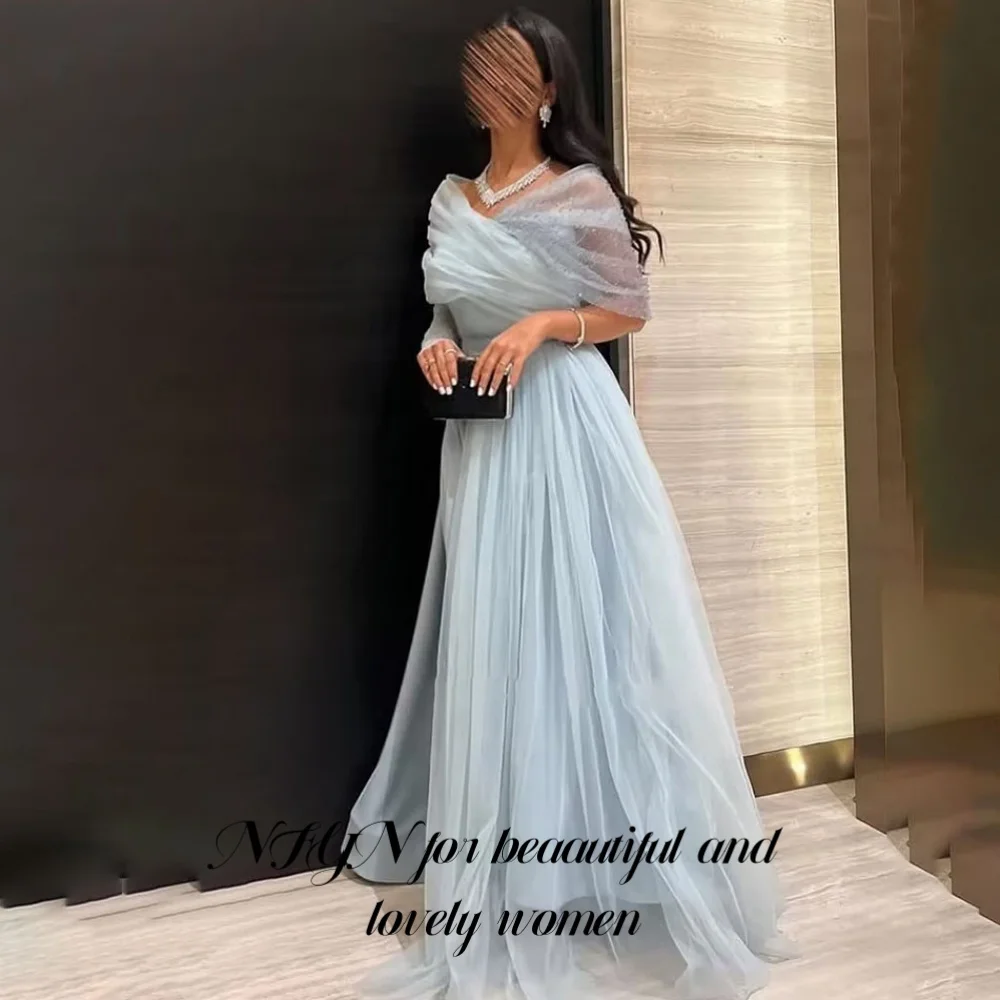 

NFYN Blue Sexy Formal Gown Net Off the Shoulder Woman Evening Dress Pleats V-Neck A-Line Celebrity Dress for Woman Customized