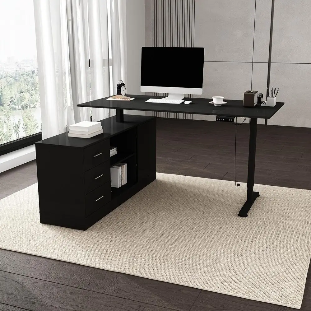 

Электрический L-образный стол с регулируемой высотой и ящиками, 63 Вт x 55,1D, черный, для домашнего офиса