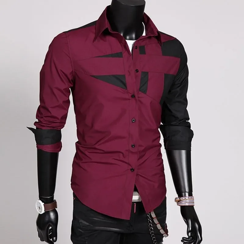 Atacado 2021 moda primavera verão casual de negócios dos homens irregular retalhos camisa masculina magro manga longa vestido camisas