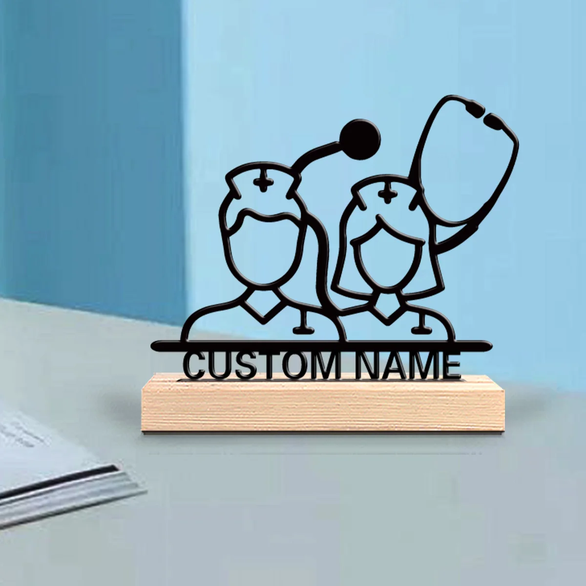 1pc Modern doctor Customized Letter Metal Statue Metal Ornament Art Crafts With Wood Base With Wood Base Bedroom Table