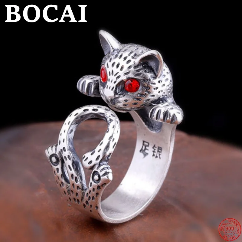 

BOCAI S999 Sterling Silver Opening Rings Original Design Little Cat Zircon Ornament Argentum Charm Jewelry for Men Women