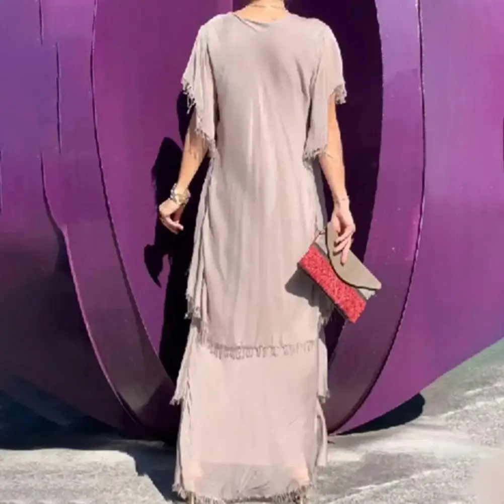 Summer Women Evening Dress Stunning Sequin Patchwork Maxi Dress Elegant V-neck Ripped Scattered Layers Short Sleeves for Summer