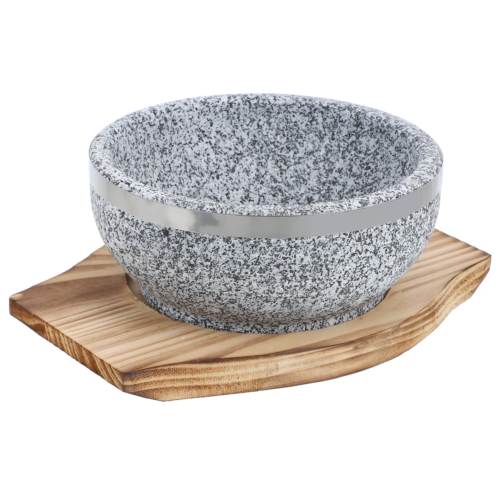 

Natural Granite Korean Stone Pot Bibimbap Stone Bowl Heat Resistant Cooking Pot with Wooden Base Bibimbap Bowl