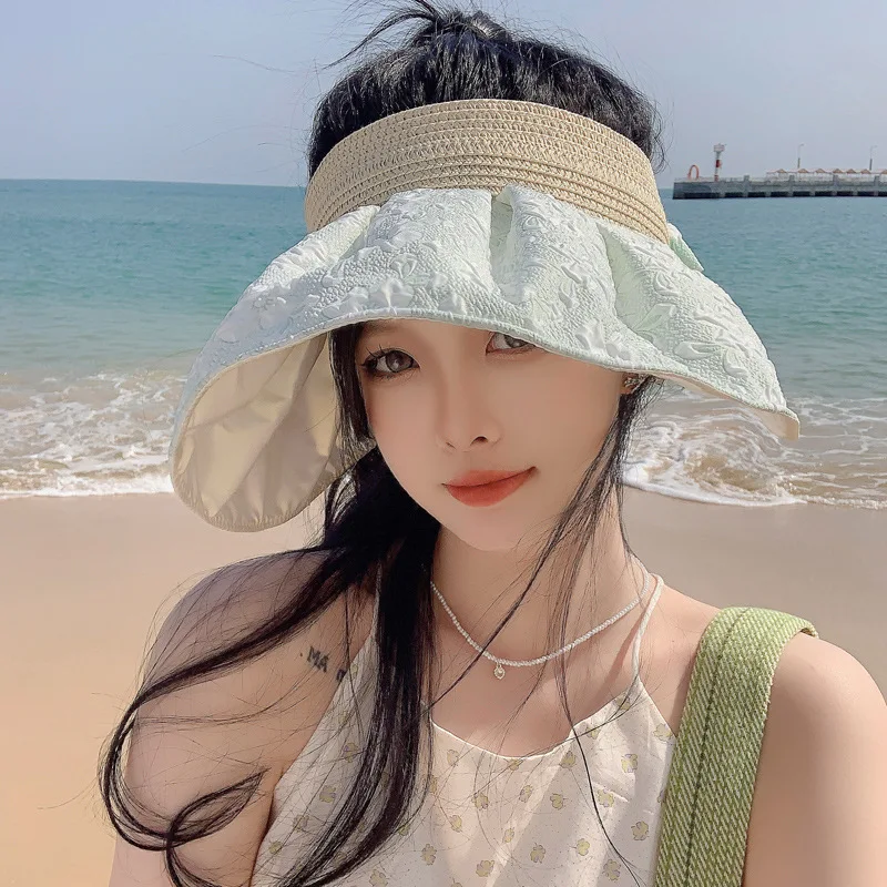 Korean Style New Women's High-Grade Embossed Color Plastic Protection Summer Air Top Big Brim Sun Hat