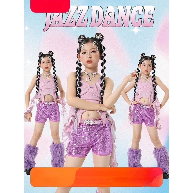 Kids Stage Catwalk Outfit Girls Hip Hop Clothing Ruffled Top Sequins Shorts Jazz Costumes Kpop Wear Street Dancewear 4-14Y